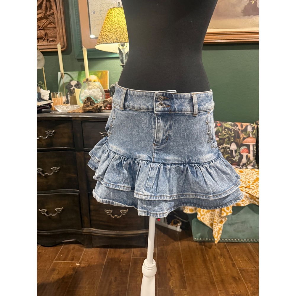 Social Collision Denim Mini Skirt Light Wash Tiered Ruffle Star Studded Y2K